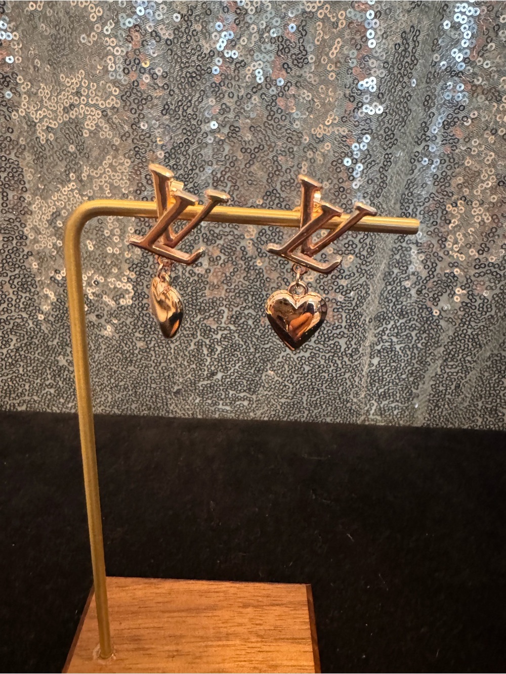 Louis Vuitton Gold Heart Drop Earrings with LV Monogram
